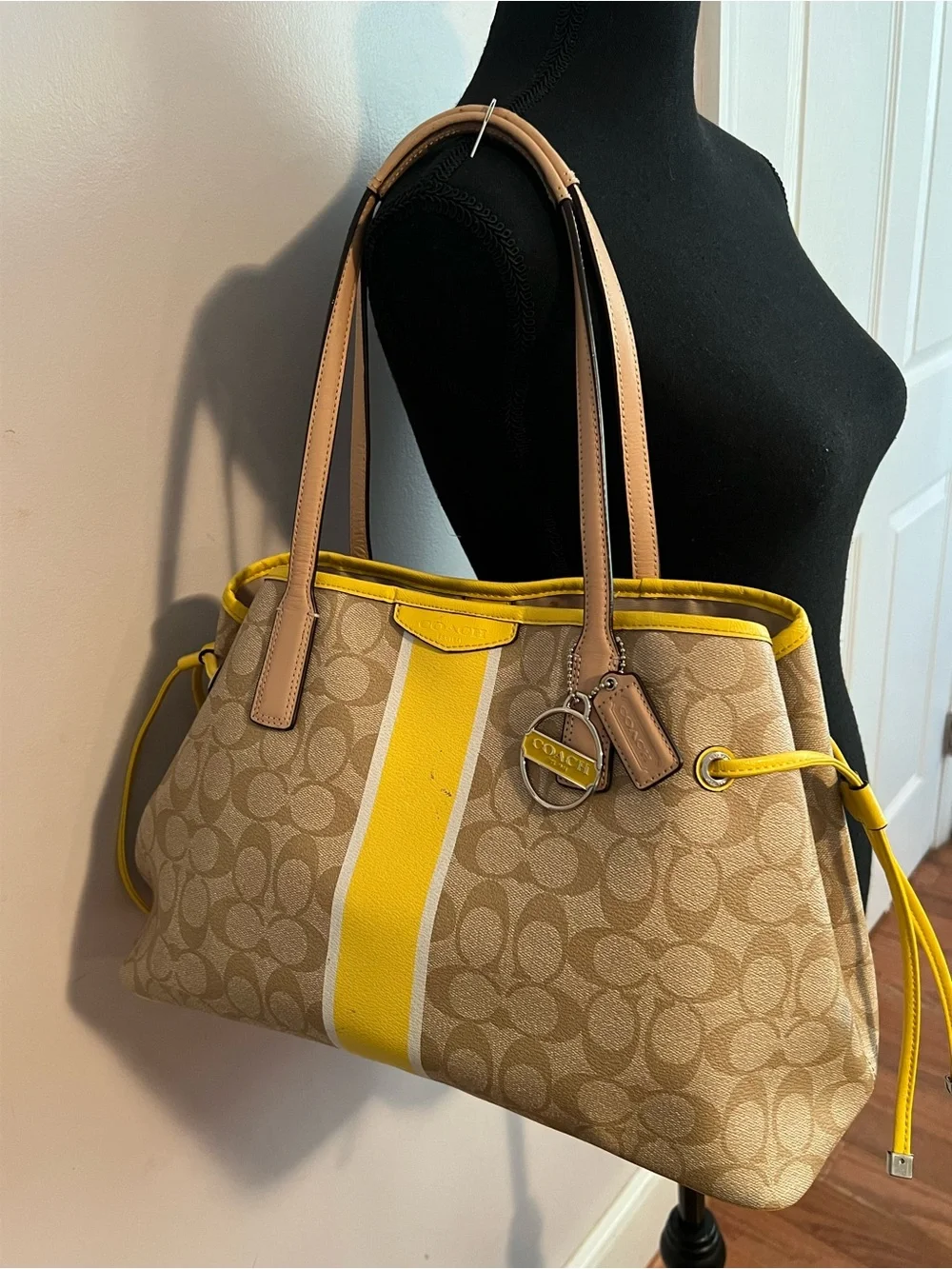 Coach Signature Stripe Drawstring Carryall Leather Shoulder Bag